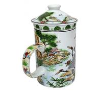 Spiru Chinese Patterned Porcelain Tea Mug with Infuser and Lid - Dancing Cranes Pattern, 75mm x 105mm