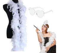 SpirWoRchlan 60g Feather Boa - 2 Yards Turkey Boa Feathers With Heart Rimless Sunglasses for Party Bulk,Christmas,Wedding Centerpieces,Costume,Concert,Pet and Home Decoration White