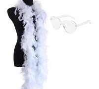 SpirWoRchlan Colorful Feather Boas, 6.6ft Feather Boa for Women for Dancing Wedding Party Cosplay Halloween Hen Party Stag Do Fancy Dress Costume Accessory, with Heart Rimless Sunglasses White