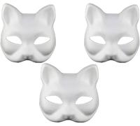 SpirWoRchlan Fox Anime Cat Mask, Half Face Mask - Hand-painted White Therian Masks for Halloween Costume Kids Cosplay, Masquerade & Carnival Parties 3pcs