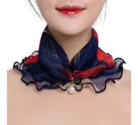 SpirWoRchlan Ladies Square Chiffon Scarves Women Neck Scarf Retro lightweight Floral Print Silk Scarf with Pearl Lace Headscarf Square Women's Scarves Dark Blue