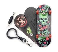 SPITBOARDS 32 x 96 mm Fingerboard Complete Wood Set-Up Assembled, 5-Layers, Silver Trucks with Bushings and Nuts, Transparent CNC Bearing Wheels, Lasered Foam Grip Tape Orange Green Skull