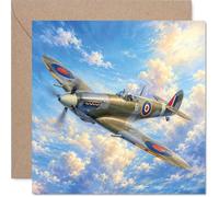 Spitfire Birthday Card - Celebrate in Heroic Style - Classic Painted Soaring Above the Clouds - A Nostalgic Nod for Aviation Lovers - 145mm Square, Envelope Included