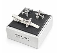 Spitfire Cufflinks and Tie Bar Set, Silver, Plane, Aviation Theme, Onyx Art TBC49, In Premier Life Store Box