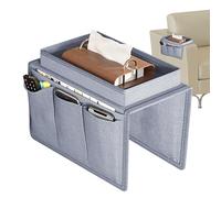 Spizummp Sofa Armrest Organizer - Oxford Cloth Armrest Multifunctional Storage Bag With 5 Pockets And Tray, Armchair Hanging Storage Bag For Phone, Books, Snacks, Glasses - Gray