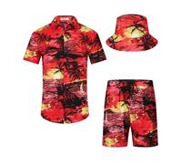 SPKPKEY 2 Piece Casual Hawaiian Shirt and Short Summer Luau Outfits Sets with Bucket Hats Red for Men XXL-Large