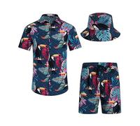 SPKPKEY EISHOPEER Mens Hawaiian Shirts and Shorts Set 2 Pieces Beach Outfits Tropical Suit with Bucket Hats Navy 3X-Large