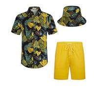 SPKPKEY Men's 2 Pieces Hawaiian Outfits Button Down Classic Shirt and Shorts Set & Bucket Hats Yellow & Leaves Small