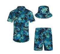 SPKPKEY Men's Button Down 2 Piece Hawaiian Outfits Summer Casual Short Sleeve Shirts and Shorts Set with Bucket Hats Green 3X-Large