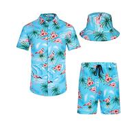 SPKPKEY Men's Hawaiian Outfits 2 Piece Button Down Shirt and Short Suits with Bucket Hats Sky Blue Small