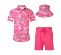 SPKPKEY Mens Hawaiian Shirt and Short Set 2 Piece Outfits Printed Casual Button Down Hawaiian Suits with Bucket Hat Rose Pink X-Large