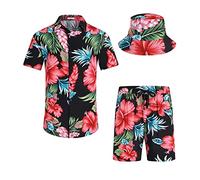 SPKPKEY Men's Hawaiian Shirt and Shorts Set 2 Piece Casual Button Down Floral Shirts Beach Outfits with Bucket Hats Red Flower 3X-Large