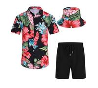 SPKPKEY Men's Hawaiian Shirt and Shorts Set 2 Piece Casual Button Down Shirts Summer Beach Outfits with Bucket Hats Black & Red Flower