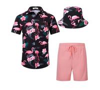SPKPKEY Men's Hawaiian Shirt and Shorts Set 2 Piece Casual Button Down Shirts Summer Beach Outfits with Bucket Hats Black/Pink Flamingo Medium