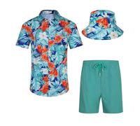 SPKPKEY Mens Hawaiian Shirt Funky Flower Flamingo Beach Casual Short Sleeve Summer Shirts with Swimming Shorts Green Print Medium