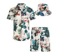 SPKPKEY Mens Hawaiian Shirts and Shorts Set 2 Pieces Vacation Beach Outfit Button Down Beach Hawaii Suit with Bucket Hats Khaki 3X-Large