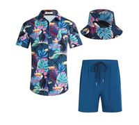SPKPKEY Mens Hawaiian Shirts Sets 2 Piece Button Down Beach Tropical Aloha Print Outfit with Bucket Hat Navy & Bird Large