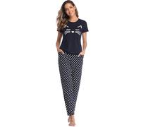 SPKPKEY Women's Cat Print Short Top and Polka Dot Long Pants Sleepwear Pajama Set Navy Blue XX-Large