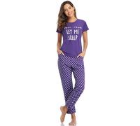 SPKPKEY Womens Cotton Pajama Set Short Sleeve Top and long Pants Soft Pjs Sets Sleepwear Purple Small