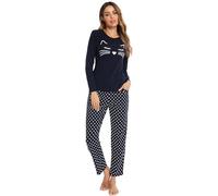 SPKPKEY Women's Long Sleeve Cat Top and Polka Dot Pants Sleepwear Pajama Set Navy Blue Small