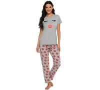 SPKPKEY Women's Red Lip Pinted Short Sleeve Top & Long Pants Sleepwear Pjs Sets Gray Large