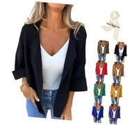 SPKVINOS Casual Faux Suede Cardigan, Women's Plain Color Lapel Cropped Jacket 3/4 Sleeve Open Front Coats Trendy. (Black,3XL)