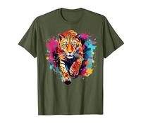 Splash Art Wildlife Big Cat Lover Colorful Jaguar T-Shirt, Men, Olive Green, 3X-Large