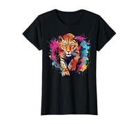 Splash Art Wildlife Big Cat Lover Colorful Jaguar T-Shirt, Women, Black, Small