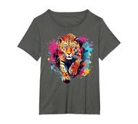 Splash Art Wildlife Big Cat Lover Colorful Jaguar T-Shirt, Women's Plus, Asphalt Grey, 2X