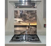 Splash back, Panel Kitchen, Toughened Glass, Cloudy Sky, Stony Path to the Lighthouse, Sunrise over the Sea, Any Size, Va Art Glass (wide 60 x height 70 /cm)