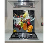 Splash back, Panel Kitchen, Toughened Glass, Fruits Vegetables Splash into Water on the Gray Background, VA Art Glass (wide 90 x height 60 /cm)