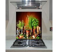 Splash back, Panel Kitchen, Toughened Glass, Herbs on the Brown Background, Any Size, VA Art Glass (wide 90 x height 60 /cm)