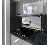 Splash back, Panel Kitchen, Toughened Glass, Lighthouse Sea Waves on the Gray Background, Any Size, VA Art Glass (wide 60 x height 75 /cm)