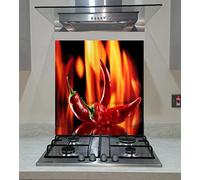 Splash back, Panel Kitchen, Toughened Glass, Red Hot Chili Pepper on the Fire Background, Any Size, VA Art Glass (wide 60 x height 75 /cm)