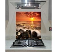 Splash back, Panel Kitchen, Toughened Glass, Sea Waves, Sunset, Stones, ANY Size, Va Art Glass (wide 90 x height 70 /cm)