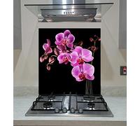 Splash back Tempered Glass Panel Kitchen Pink Orchid on the Black Background, Any Size, VA Art Glass (wide 90 x height 60 /cm)