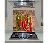 Splash back, Tempered Glass Panel Kitchen, Red and Green Chilli on the Wooden Brown Background, Any Size, VA Art Glass (wide 60 x height 70 /cm)