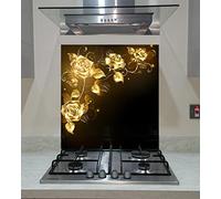 Splashback Tempered Glass panel Kitchen Twisted Gold Roses on a Dark Background, Any Size, Va Art Glass (wide 60 x height 65 /cm)