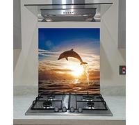 Splashback, Tempered Glass Panel Kitchen with a dolphin leaping jumping from shining sunset, sea, Any Size, Va Art Glass (wide 60 x height 65 /cm)