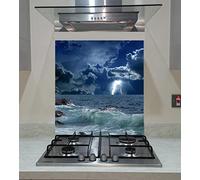 Splashback, Tempered Glass Panel Kitchen with a dramatic nature background lightnings in dark sky stormy sea, Any Size, Va Art Glass (wide 60 x height 75 /cm)