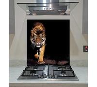 Splashback with Prowling Tiger on the Black Background, Tempered Glass Panel Kitchen, Any Size, VA Art Glass (wide 90 x height 65 /cm)