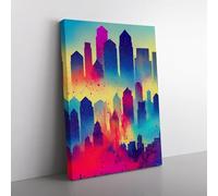 Splashed City Skyline No.6 Abstract Purple, Teal, Pink Canvas Wall Art Print Ready to Hang, Framed Picture for Living Room Bedroom Home Office Décor, 76x50 cm (30x20 Inch)