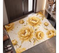 Splashed Ink Peony Branches And Leaves Door Mats Indoor 45 X 75 Cm, Luxury Flowers Machine Washable Inside Door Mat, Champagne Gold Absorbent Entrance Rug, Anti-Slip Floor Mats For Front Rear Doors