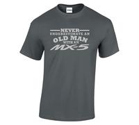 Splashshirts Never Underestimate an Old Man with an MX5 T-Shirt - 100% Cotton Crew Neck - Silver Logo Unisex Fit- Charcoal (Size-M)