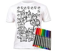 Splat Planet Colour-in Cats T-Shirt with 10 Non-Toxic Washable Magic Pens - Colour Your Own, colour-in and Wash Out T-Shirt (12-13 Years) White
