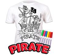 Splat Planet Colour-in Pirate Ship, Jolly Roger T-Shirt with 10 Non-Toxic Washable Magic Colouring Pens - Colour-in and Wash Out T-Shirt