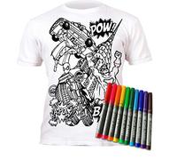 Splat Planet Colour-in Superhero T-Shirt with 10 Non-Toxic Washable Magic Colouring Pens - Colour-in and Wash Out T Shirt (9-11 Years) White
