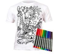 Splat Planet Colour-in Zoo Safari Animals T-Shirt with 10 Non-Toxic Washable Magic Pens - Colour Your Own, Colouring and Wash Out T-Shirt (7-8 Years) White