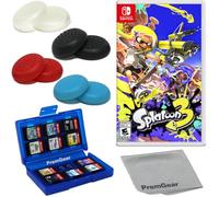 Splatoon 3 for Nintendo Switch (US Version), with PremGear Thumb Grips (8 pack - Black, Blue, Red & Clear), 24 Slot Game Card Holder & Cleaning Cloth