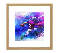 Splatter American Football Sport Touch Down Gridiron Purple Pink Blue Oil Painting Square Wooden Framed Wall Art Print Picture 8X8 Inch Artery8 Light Oak One Size